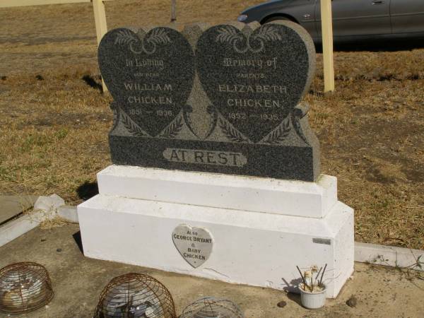 parents;  | William CHICKEN,  | 1851 - 1936;  | Elizabeth CHICKEN,  | 1952 - 1935;  | George Bryant;  | Baby CHICKEN;  | Jondaryan cemetery, Jondaryan Shire  | 