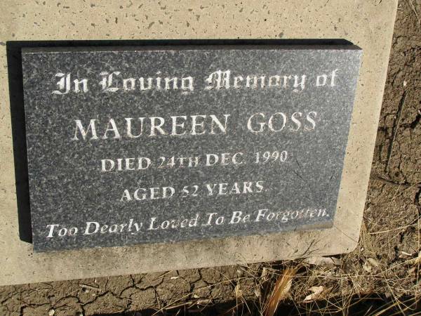 Maureen GOSS,  | died 24 Dec 1990a ged 52 years;  | Jondaryan cemetery, Jondaryan Shire  | 