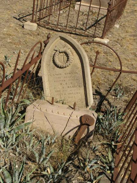 Louis Edward,  | son of H.C.F. & A.E. BARBER,  | died 17 Dec 1887 aged 11 months 2 days;  | Jondaryan cemetery, Jondaryan Shire  | 