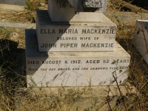 John Piper MACKENZIE,  | died 13 Nov 1908 aged 68 years;  | Ella Maria MACKENZIE,  | wife of John Piper MACKENZIE,  | died 8 Aug 1912 aged 52 years;  | Jondaryan cemetery, Jondaryan Shire  | 