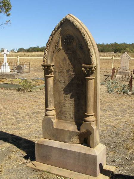 Mary CONNORTY,  | wife of Thomas CONNORTY,  | native of Co Killarney Ireland,  | died Jondaryan 1 June 1892 in 50th? year,  | erected by son Patrick CONNORTY;  | Jondaryan cemetery, Jondaryan Shire  | 