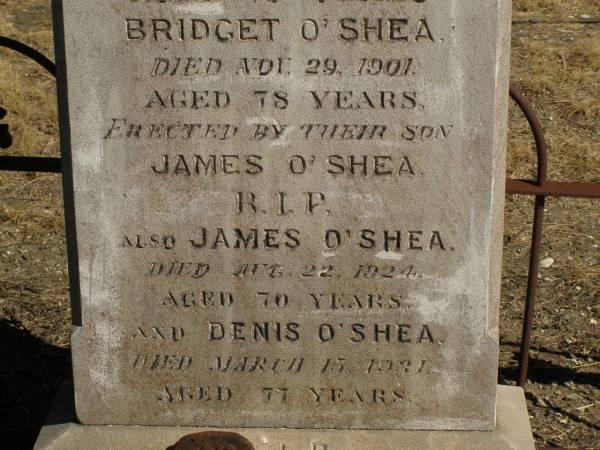 James O'SHEA,  | father,  | died 18 June 1896 aged 75 years;  | Bridget O'SHEA,  | mother,  | died 29 Nov 1901 aged 78 years;  | erected by son James O'SHEA;  | James O'SHEA,  | died 22 Aug 1925 aged 70 years;  | Dennis O'SHEA,  | died 13 Mach 1941 aged 77 years;  | Jondaryan cemetery, Jondaryan Shire  | 