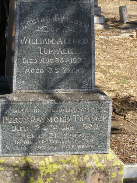 William Alfred TUPPACK,  | died 30 Aug 1927 aged 35 years;  | Percy Raymond TUPPACK,  | brother,  | died 22 Jan 1929 aged 31 years;  | Jondaryan cemetery, Jondaryan Shire  |   | 