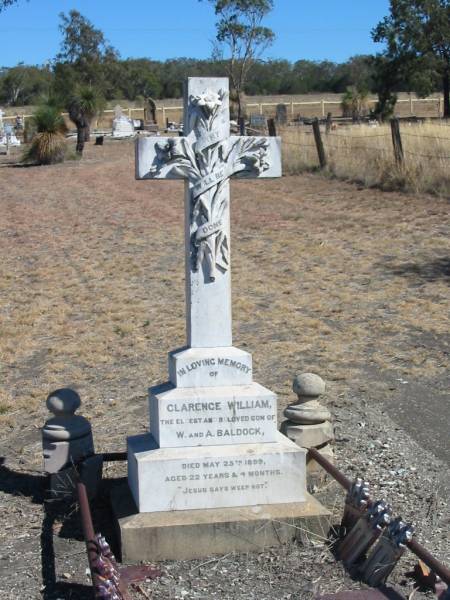 Clarence William,  | eldest son of W. & A. BALDOCK,  | died 25 May 1899 aged 22 years 4 months;  | Jondaryan cemetery, Jondaryan Shire  | 