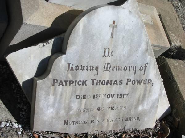 Patrick Thomas POWER,  | died 1 Nov 1917 aged 46 years;  | Jondaryan cemetery, Jondaryan Shire  | 
