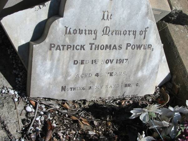 Patrick Thomas POWER,  | died 1 Nov 1917 aged 46 years;  | Jondaryan cemetery, Jondaryan Shire  | 