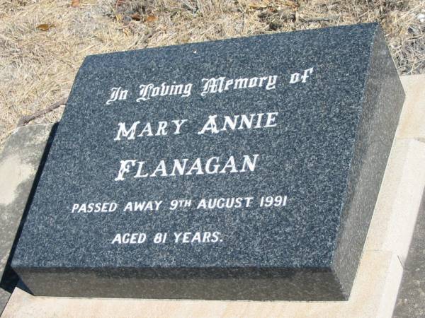 Mary Annie FLANAGAN,  | died 9 Aug 1991 aged 81 years;  | Jondaryan cemetery, Jondaryan Shire  | 
