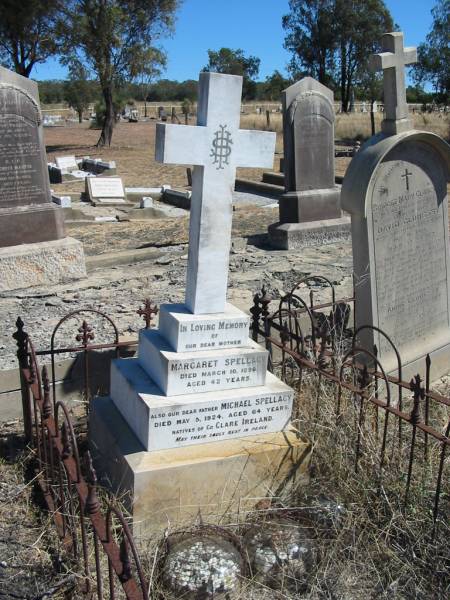 Margaret SPELLACY,  | mother,  | died 10 March 1898 aged 42 years;  | Michael SPELLACY,  | died 3 May 1924 aged 64 years;  | natives of Co Clare Ireland;  | Jondaryan cemetery, Jondaryan Shire  | 