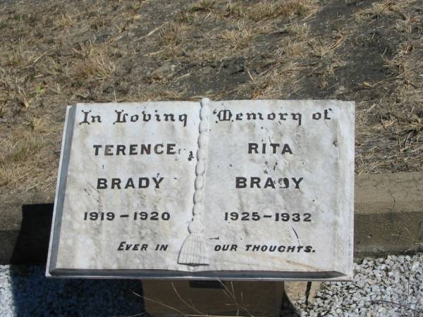 Terence BRADY,  | 1919 - 1920;  | Rita BRADY,  | 1925 - 1932;  | Jondaryan cemetery, Jondaryan Shire  | 