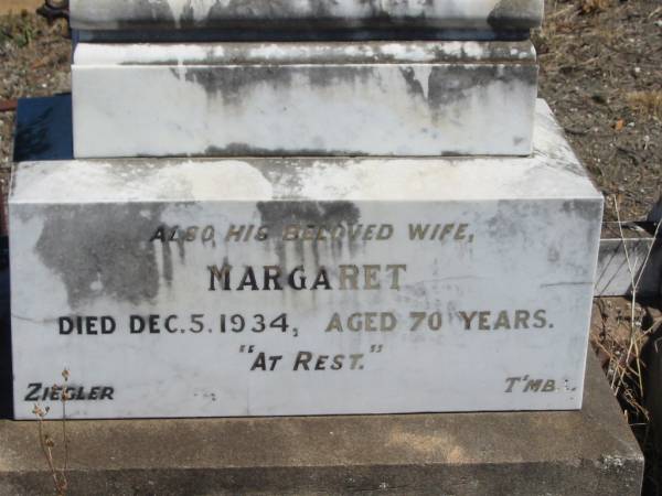 Donald MCGILP,  | born Argylshire Scotland,  | died 22 July 1918 aged 73 years;  | Margaret,  | wife,  | died 5 Dec 1934 aged 70 years;  | Jondaryan cemetery, Jondaryan Shire  | 