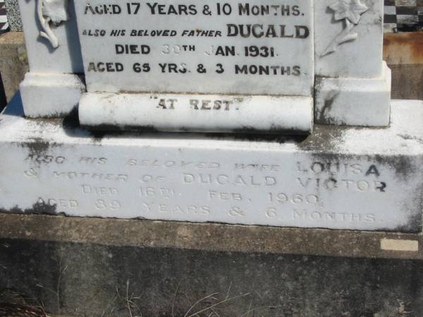 Dugald Victor,  | son of Dugald & Louisa CONNELL,  | died 15 June 1915 aged 17 years 10 months;  | Dugald,  | father,  | died 30 Jan 1931 aged 65 years 3 months;  | Louisa,  | wife,  | mother of Dugald Victor,  | died 16 Feb 1960 aged 89 years 6 months;  | Jondaryan cemetery, Jondaryan Shire  | 