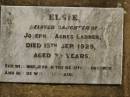 Elsie, daughter of Joseph & Agnes LADNER, died 15 Sep 1929 aged 22 years; Jondaryan cemetery, Jondaryan Shire 