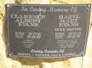 
Clarence Albert EVANS,
born 16-01-14,
died 18-01-93;
Hazel Mary EVANS (nee SMITH),
born 28-12-13,
died 05-12-91,
wife of Clarence Albert;
parents of Darryl, Heather, Jill & Lindsay;
Jondaryan cemetery, Jondaryan Shire
