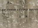 
parents;
W. HODSON,
1819 - 1907;
L. HODSON,
1826 - 1913,
erected by daughter S. COCKBURN;
Jondaryan cemetery, Jondaryan Shire
