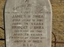 
James OSHEA,
father,
died 18 June 1896 aged 75 years;
Bridget OSHEA,
mother,
died 29 Nov 1901 aged 78 years;
erected by son James OSHEA;
James OSHEA,
died 22 Aug 1925 aged 70 years;
Dennis OSHEA,
died 13 Mach 1941 aged 77 years;
Jondaryan cemetery, Jondaryan Shire
