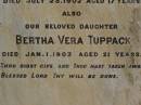 
Edwin John TUPPACK,
son,
died 23 July 1902 aged 17 years;
Bertha Vera TUPPACK,
daughter,
died 1 Jan 1903 aged 21 years;
Jondaryan cemetery, Jondaryan Shire
