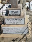 Agutha BALDOCK, wife of William BALDOCK, died 13 May 1902 aged 52 years; Jondaryan cemetery, Jondaryan Shire 