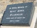 
Mary Annie FLANAGAN,
died 9 Aug 1991 aged 81 years;
Jondaryan cemetery, Jondaryan Shire
