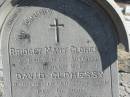 
Bridget Mary CLOHESSY,
mother,
wife of David CLOHESSY,
died 16 Dec 1906 aged 33 years;
Annie CLOHESSY,
daughter,
died 4 March 1895 aged 3 years;
Jondaryan cemetery, Jondaryan Shire
