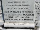 
Dugald Victor,
son of Dugald & Louisa CONNELL,
died 15 June 1915 aged 17 years 10 months;
Dugald,
father,
died 30 Jan 1931 aged 65 years 3 months;
Louisa,
wife,
mother of Dugald Victor,
died 16 Feb 1960 aged 89 years 6 months;
Jondaryan cemetery, Jondaryan Shire
