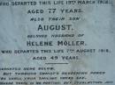 Henry (husband of) Wilhelmine MOLLER 19 Mar 1918, aged 77 (son) August (husband of) Helene MOLLER 7 Aug 1918, aged 49 Engelsburg Baptist Cemetery, Kalbar, Boonah Shire 