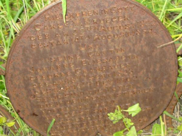 Carl F W KRUEGER  | b: 22 Aug 1822, d: 14 Aug 1894  | and gattin (wife)  | Johanne Eliesabeth (KRUEGER) (nee GRAMBAUER)  | b: 18 Sep 1828, d: 13 Dec 1902  | Engelsburg Baptist Cemetery, Kalbar, Boonah Shire  | 