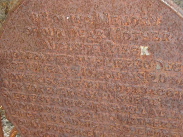 Auguste RIECK  | 20 Dec 1907, aged 49 yr 10 mon 20 days  | Engelsburg Baptist Cemetery, Kalbar, Boonah Shire  | 