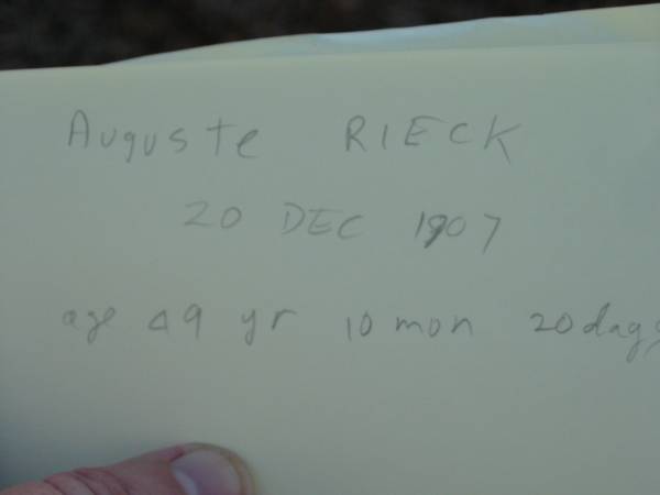 Auguste RIECK  | 20 Dec 1907, aged 49 yr 10 mon 20 days  | Engelsburg Baptist Cemetery, Kalbar, Boonah Shire  | 