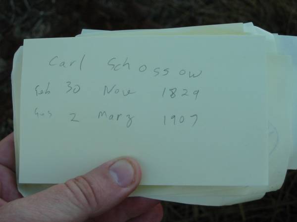 Carl SCHOSSOW  | b: 30 Nov 1829, d: 2 Mar 1907  | Engelsburg Baptist Cemetery, Kalbar, Boonah Shire  | 