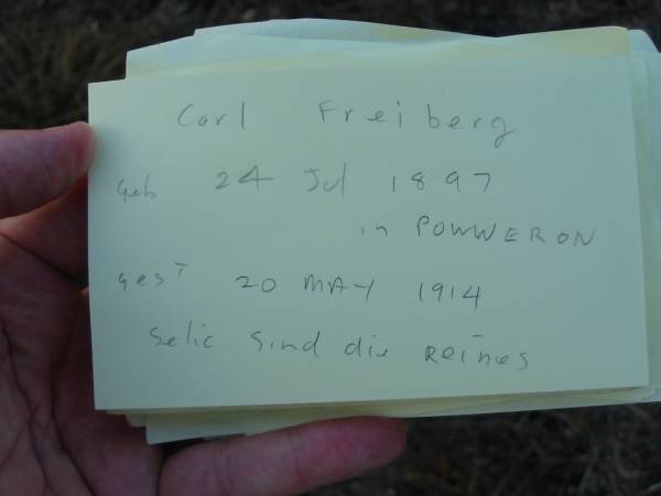 Carl FREIBERG  | b: 24 Jul 1897 in Powweron  | d: 20 May 1914  | Engelsburg Baptist Cemetery, Kalbar, Boonah Shire  | 