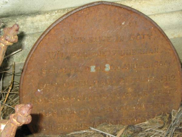 Wilhelmine ZIMERMAN  | (geb SCHULZ)  |   | Wilhelmiene ZIMMERMAN  | geb 30 Jan 1844  | gest 4 Dezember 1912  |   | Engelsburg Baptist Cemetery, Kalbar, Boonah Shire  | 