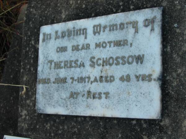 Theresa SCHOSSOW  | 7 Jun 1917, aged 48  | Engelsburg Baptist Cemetery, Kalbar, Boonah Shire  | 