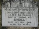 
Timothy DWYER
9 May 1939, aged 70
Bridget (DWYER)
18 Feb 1944, aged 76
Kalbar Catholic Cemetery, Boonah Shire 
