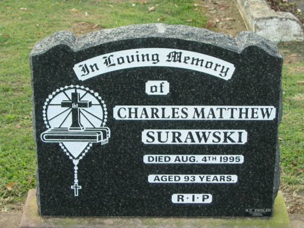 Charles Matthew SURAWSKI  | 4 Aug 1995, aged 93  | Kalbar Catholic Cemetery, Boonah Shire  | 