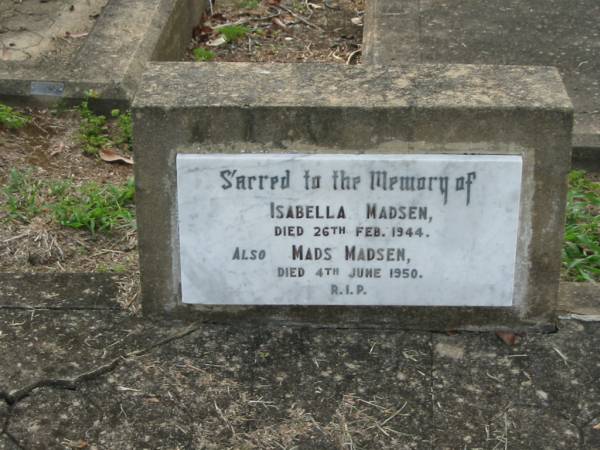 Isabella MADSEN  | 26 Feb 1944  | Mads MADSEN  | 4 Jun 1950  | Kalbar Catholic Cemetery, Boonah Shire  | 