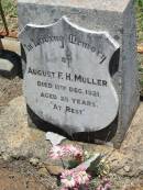 
August F.H. MULLER,
died 11 Dec 1921 aged 25 years;
Kalbar General Cemetery, Boonah Shire
