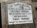 
Alfred HARDING, husband father,
died 3 Dec 1944 aged 70 years;
Emma HARDING, mother,
died 8 Oct 1959 aged 87 years;
Kalbar General Cemetery, Boonah Shire
