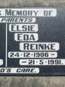 
parents;
Albert Hermann REINKE,
13-10-1907 - 5-7-1992;
Elsie Eda REINKE,
24-12-1906 - 21-5-1991;
Kalbar General Cemetery, Boonah Shire
