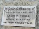 
Kevin V. REINKE, son brother,
accidentally killed 30 Aug 1963 aged 16 years;
Kalbar General Cemetery, Boonah Shire
