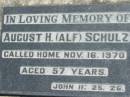 
August H. (Alf) SCHULZ,
died 16 Nov 1970 aged 57 years;
Kalbar General Cemetery, Boonah Shire
