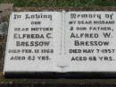 
Elfreda C. BRESSOW, mother,
died 15 Feb 1968 aged 83 years;
Alfred W. BRESSOW, husband father,
died 7 May 1957 aged 68 years;
Kalbar General Cemetery, Boonah Shire
