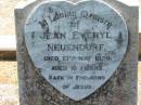 
Jean Everyl NEUENDORF,
died 13 May 1939 aged 10 years;
Kalbar General Cemetery, Boonah Shire
