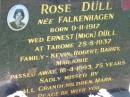 
Rose DULL, nee FALKENHAGEN,
born 9-11-1917,
mareied Ernest (Mick) DULL at Tarome 28-8-1937,
family Kevin, Robert, Barry, Marjorie,
died 16-4-1993, 75 years,
missed by grandchildren, Mark;
Kalbar General Cemetery, Boonah Shire
