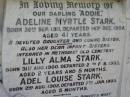 
Addie Adeline Myrtle STARK,
born 30 Sept 1911,
died 14 Dec 1952 aged 41 years,
daughter sister;
Lilly Alma STARK, infant sister,
born 31 Aug 1900,
died 2 Feb 1903 aged 2 years 5 months,
interred Methodist Old Cemetery;
Adel Louise STARK, infant sister,
born 2 Aug 1902,
died 7 Jan 1903 aged 5 months,
interred Methodist Old Cemetery;
Kalbar General Cemetery, Boonah Shire
