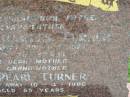 
Leslie Charles TURNER,
husband father grandfather,
died 20-5-1977 aged 58 years;
Ivy Pearl TURNER,
mother grandmother,
died 10-4-1986 aged 65 years;
Kalbar General Cemetery, Boonah Shire
