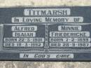 
Alfrred Isaiah TITMARSH,
born 22-5-1901 died 18-3-1992;
Minnie Friedericke TITMARSH,
born 7-2-1899 died 28-9-1987;
Kalbar General Cemetery, Boonah Shire

