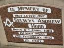 
Selwyn Andrew MOHR,
born 6 April 1918 died 2 Feb 1983;
Kalbar General Cemetery, Boonah Shire
