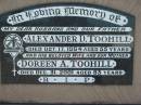 
Alexander D. TOOHILL, husband father,
died 17 Oct 1964 aged 55 years;
Doreen A. TOOHILL, wife mother,
died 31 Dec 2001 aged 83 years;
Kalbar General Cemetery, Boonah Shire
