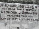 
Desmond J. SURAWSKI, son brother,
died 27 May 1967 aged 24 years;
Kalbar General Cemetery, Boonah Shire
