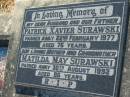 
Patrick Xavier SURAWSKI, husband father,
died 22 February 1977 aged 76 years;
Matilda May SURAWSKI, mother grandmother,
died 30 August 1992 aged 86 years;
Kalbar General Cemetery, Boonah Shire
